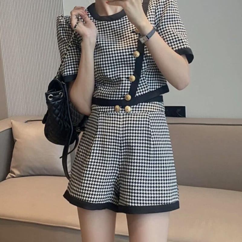 千鳥柄ゴールドボタンセットアップ | ecrea