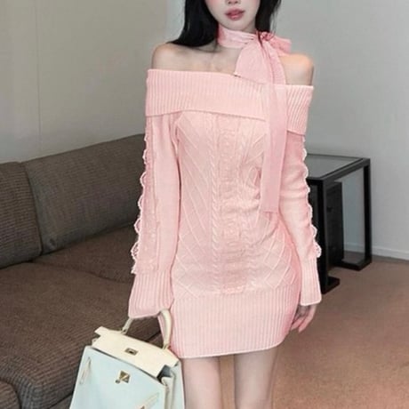 Ribbon Off Shoulder Knit Dress 3色