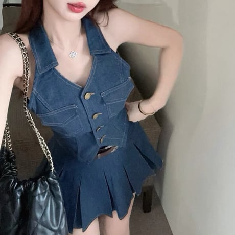 Denim Halter Pleated Set
