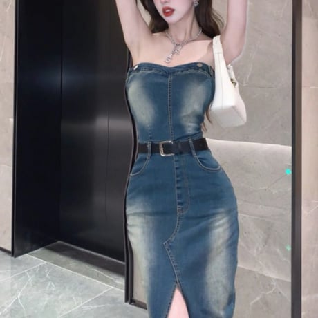 Denim slit long dress