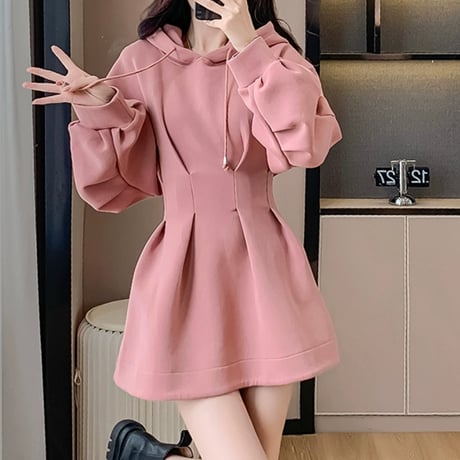 pink フード付き スウェットワンピ
