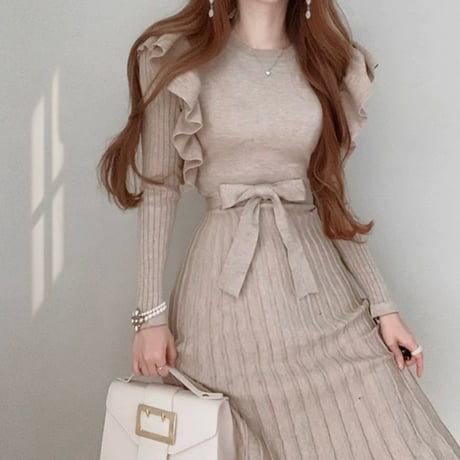 frill natural long onepiece 2色