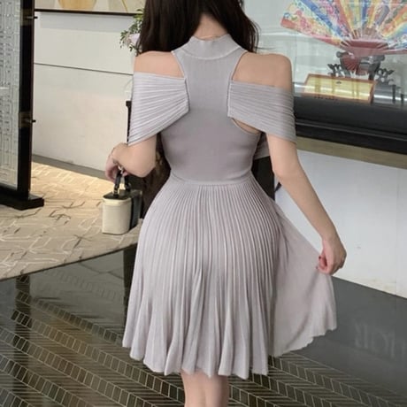 Mesh Shoulder Pleated Dress 2色