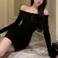 black リボン 長袖オフショルワンピ