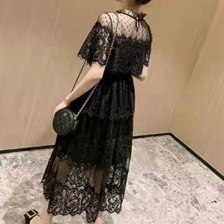 elegant lace 半袖 ワンピ 2色