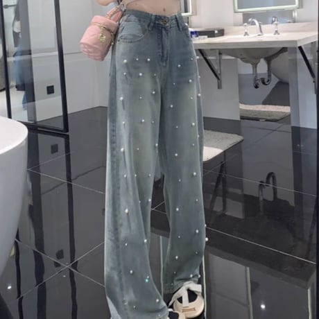 パール付きストレートデニム