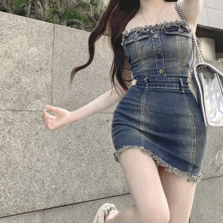 フリンジデニムベアワンピ