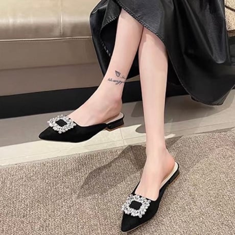 Crystal Buckle Pointed Mules 3色