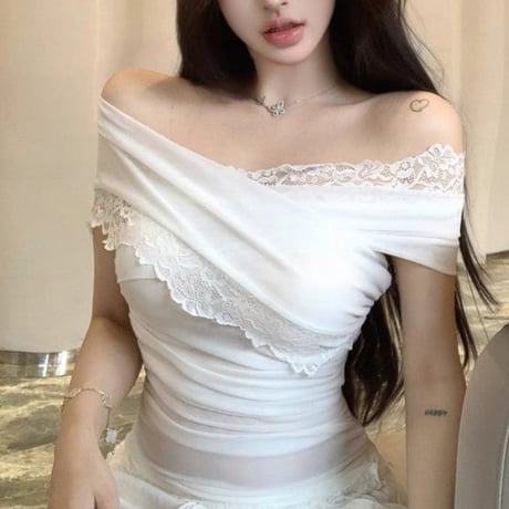 Off Shoulder Lace Drape Top 3色