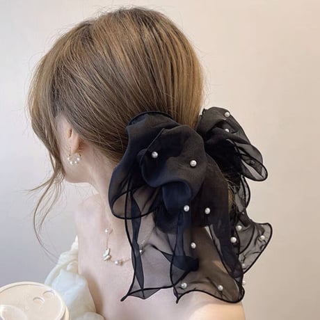 パール付きシフォンリボンバレッタ4色