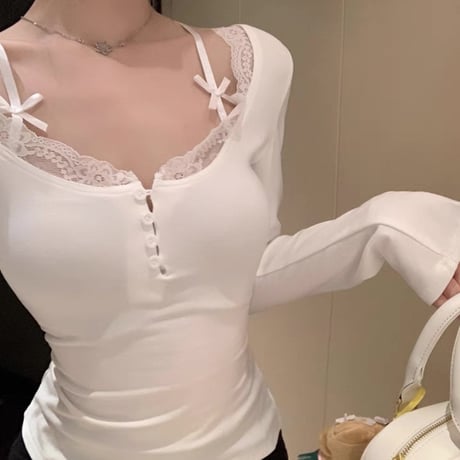 レース×リボン長袖トップス 2色