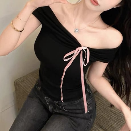 Black Ribbon Off Shoulder Top