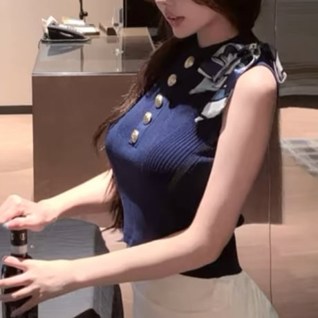 スカーフリボン付きノースリトップス 2色