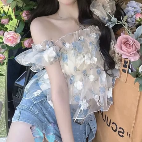 あやち様ご着用♡Blue×White flower tops