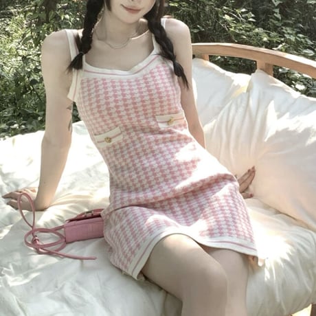 pink 千鳥柄キャミワンピ