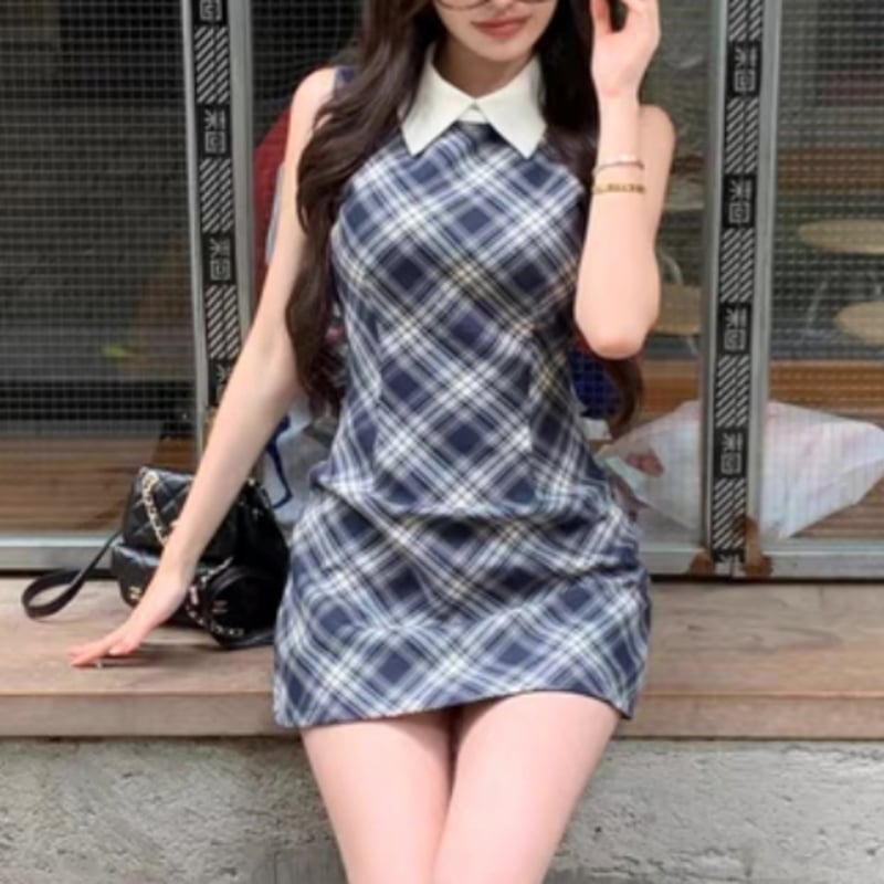 結城里華様♡なみめろ様ご着用♡ブルーチェック襟付きワンピ | ecrea