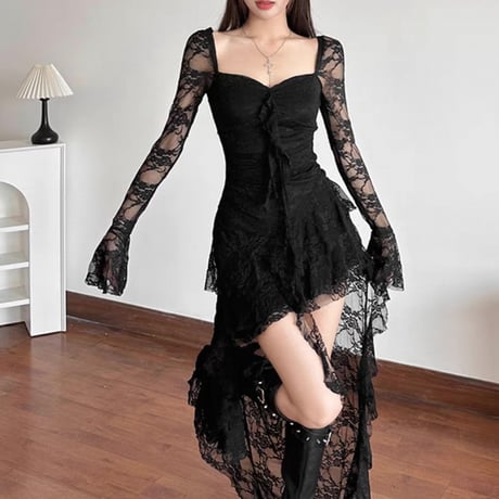 Asymmetry design lace dress 2色