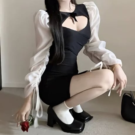 ゆうめろ様ご着用♡シースルー袖リボンポイントワンピ
