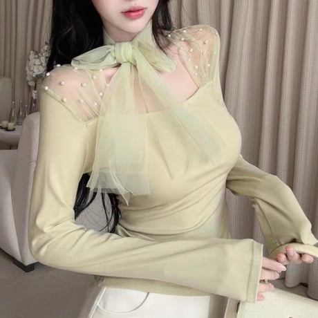 Sheer Ribbon Tie Blouse 4色