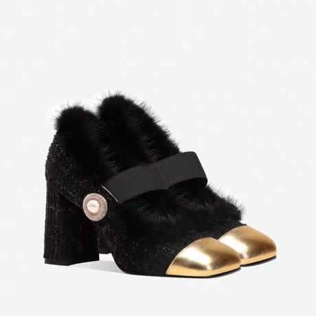 fur tweed perl shoes 2色