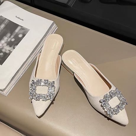 Crystal Buckle Pointed Mules 3色