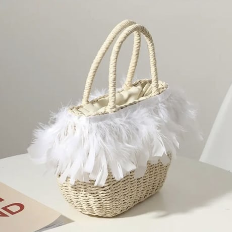 feather straw bag 2色