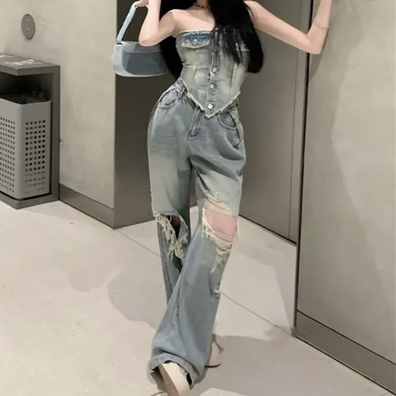 未使用に近い　ハナエモリ　美しいレースデザインのデニムセットアップ　38 ラメ混 未使用に近い ハナエモリ 美しいレースデザインのデニム