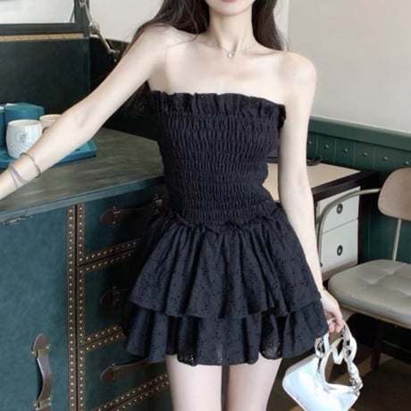 Shirring bare top dress 2色
