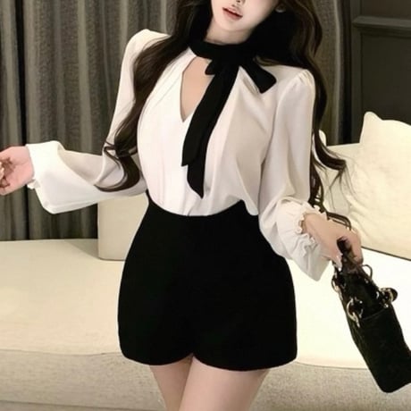 Ribbon Neck Blouse & High Waist Shorts Set