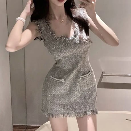 Gray fringe ノースリワンピ
