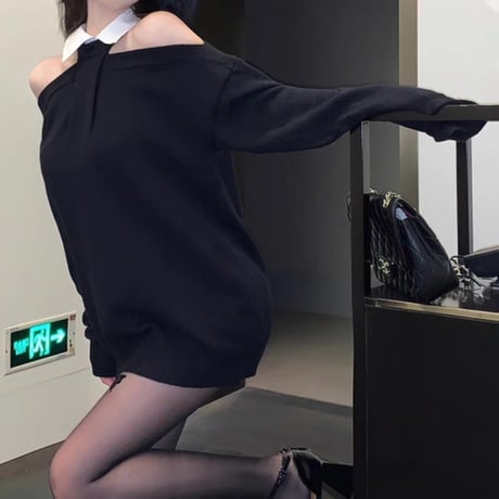 襟付き肩あきゆるトップス