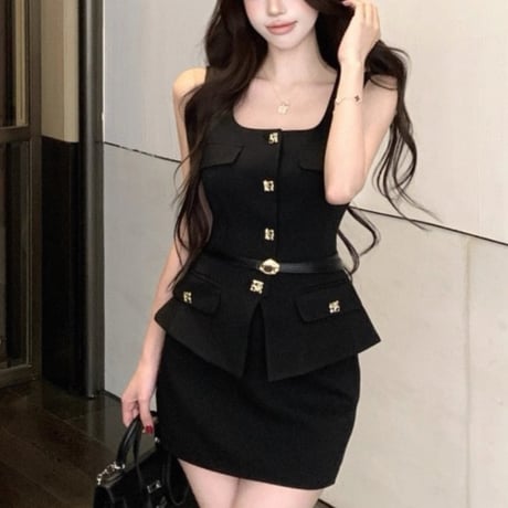 Square Gold Button Peplum Mini Set