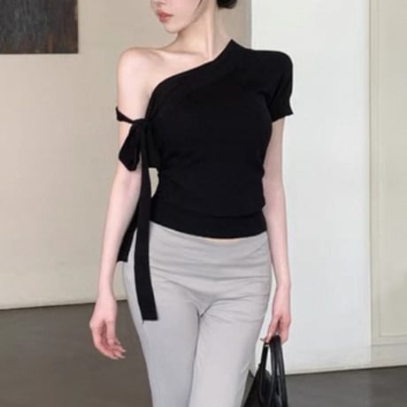 One shoulder ribbon tops 2色