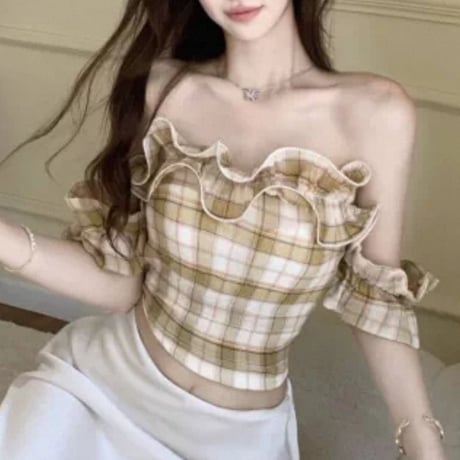 Check Frill Off-Shoulder Top