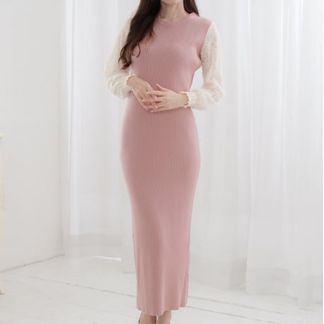 lace sleeve knit long dress 3色