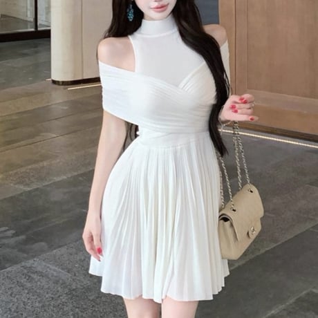 Mesh Shoulder Pleated Dress 2色
