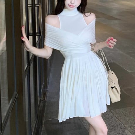 Mesh Shoulder Pleated Dress 2色