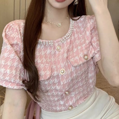 PINK 千鳥柄パールトップス