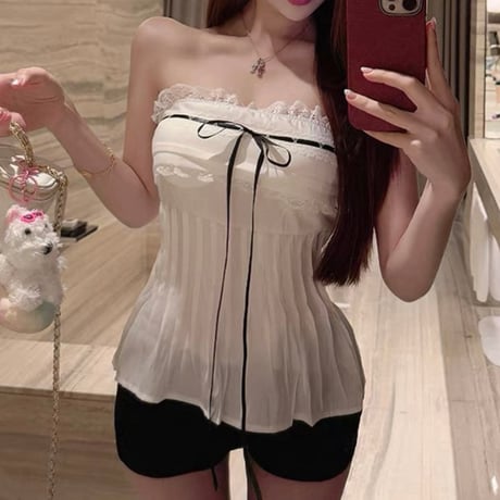 Ribbon lace bare top 2色