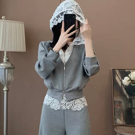 Lace Trim Zip Hoodie Set
