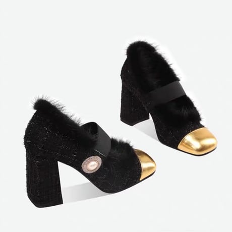 fur tweed perl shoes 2色