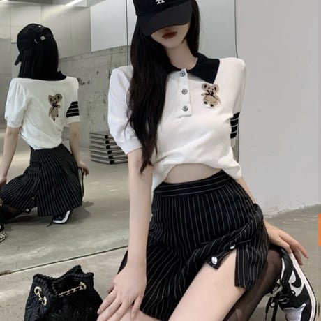 くまちゃんポロニットトップス 2色
