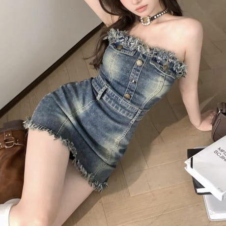 フリンジデニムベアワンピ