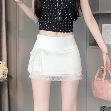 Lace ribbon mini skirt 2色