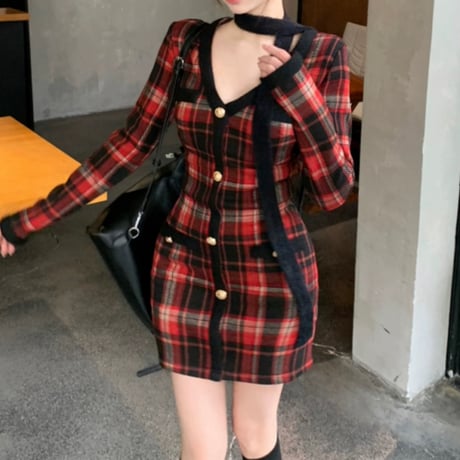 red×black チェックタイトワンピ