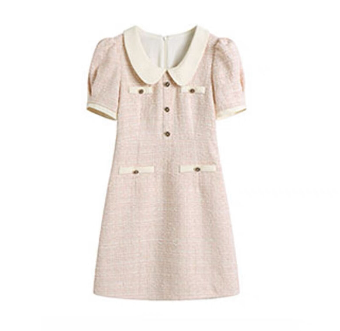 丸襟ピンクツイード半袖ワンピ | ecrea