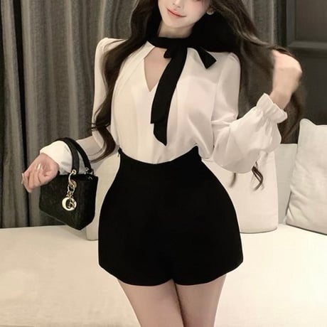 Ribbon Neck Blouse & High Waist Shorts Set
