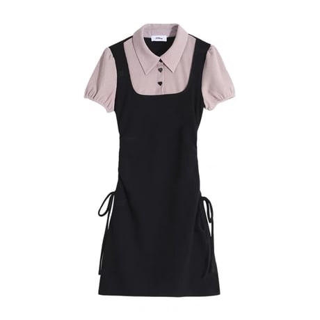 pink×black ハートボタンポロワンピ