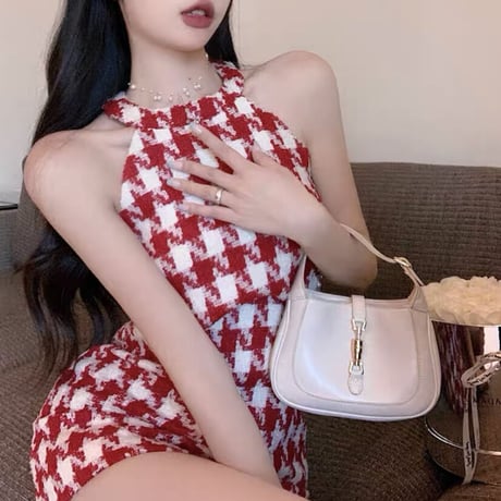 千鳥柄RED ウエストチラ見えワンピ