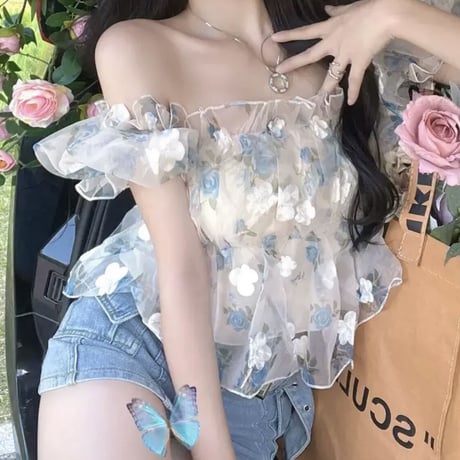 あやち様ご着用♡Blue×White flower tops